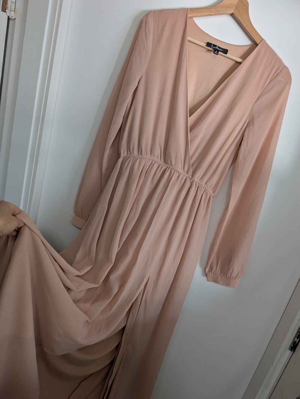 Lulu's Small Formal Maxi Dress Wondrous Water Nude Pink Gown A-line Long Sleeve
